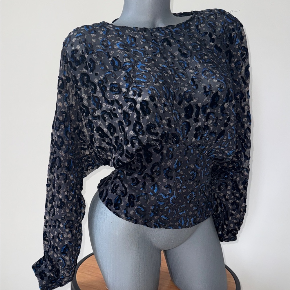 Zara Women’s Black and Blue Leopard Print Long-Sleeve Top Blouse S